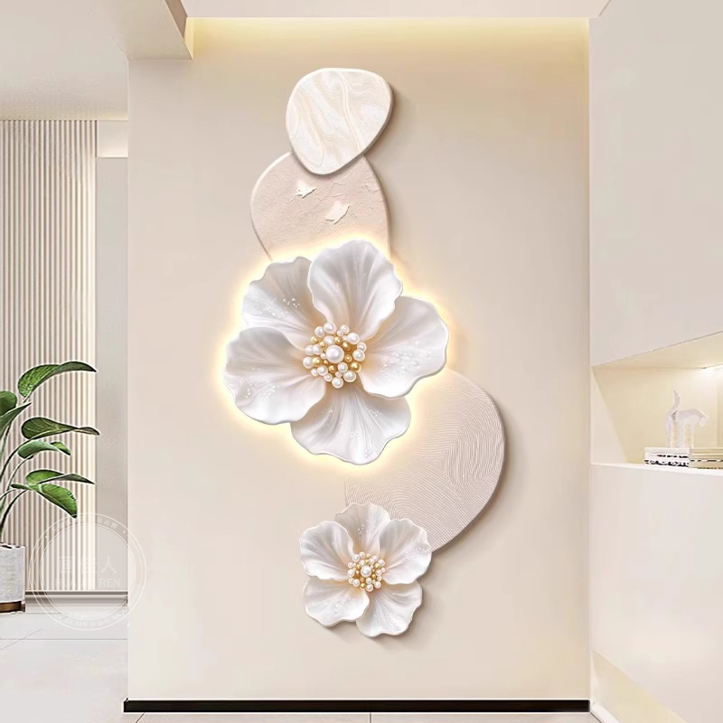 奶油风入户玄关装饰画花卉发光灯led高级感进门走廊过道尽头挂画图片