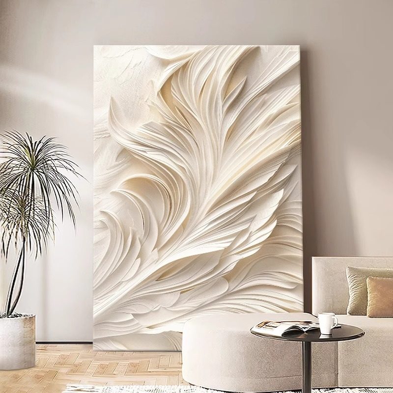 奶油风沙发背景墙羽毛挂画抽象艺术客厅装饰画轻奢高级感立体壁画
