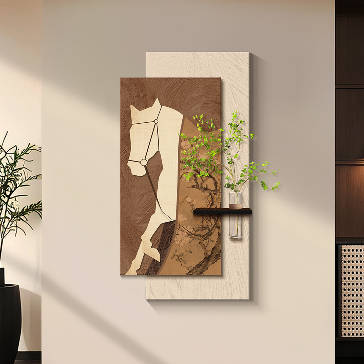 中古风骏马玄关装饰画马到成功走廊砂岩壁画灯水培绿植入户门挂画