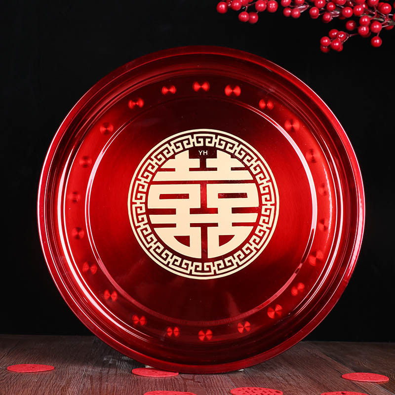 婚庆托盘婚礼敬茶盘铁盘敬酒托盘方形糖果盘结婚水果盘红色圆喜盘