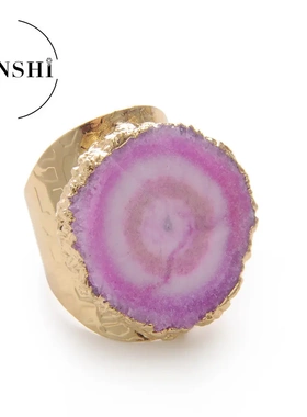 速卖通天然石玛瑙晶洞水晶戒指 鎏金圆形晶芽戒指可调节开口指环