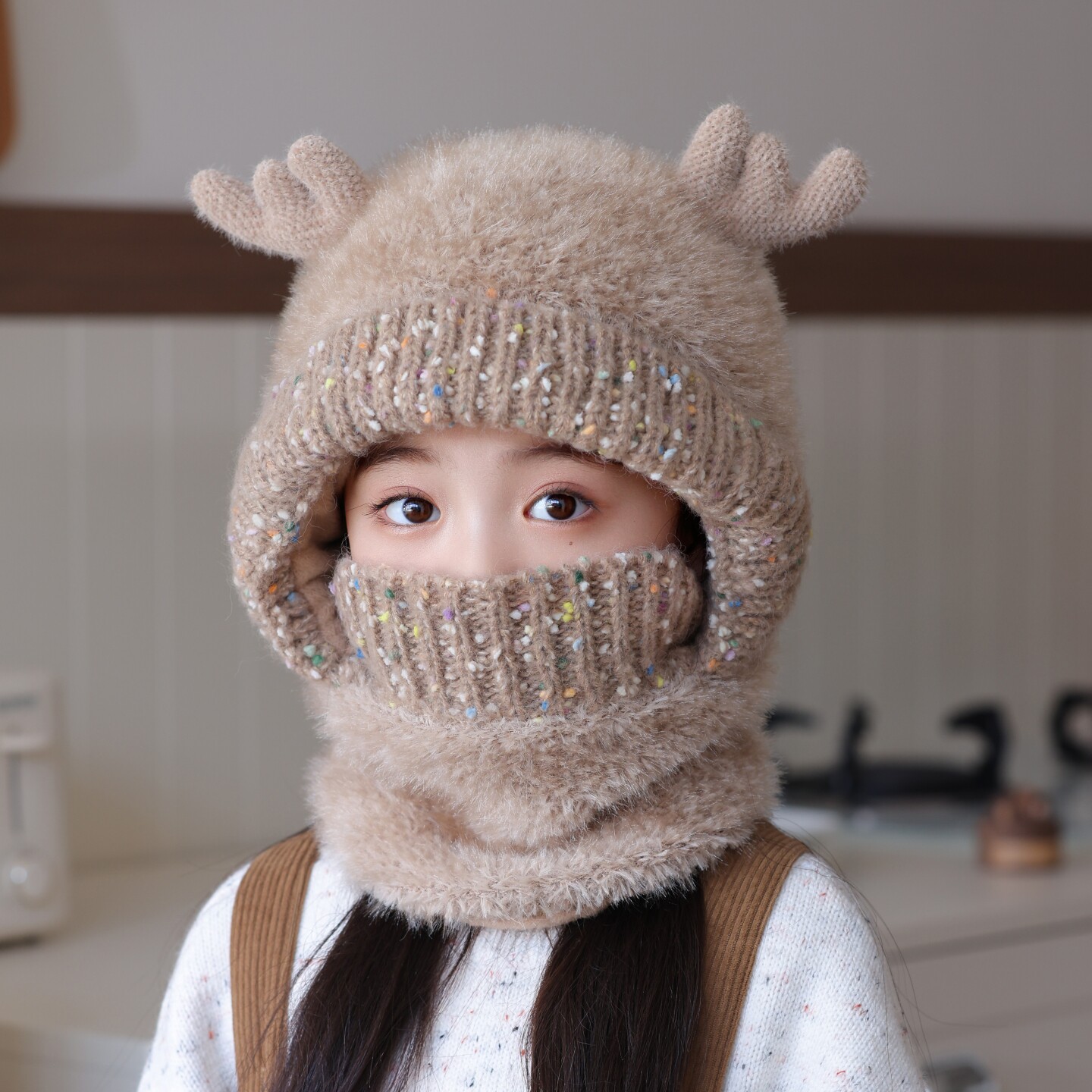 冬季男女童加绒护耳鹿角帽子