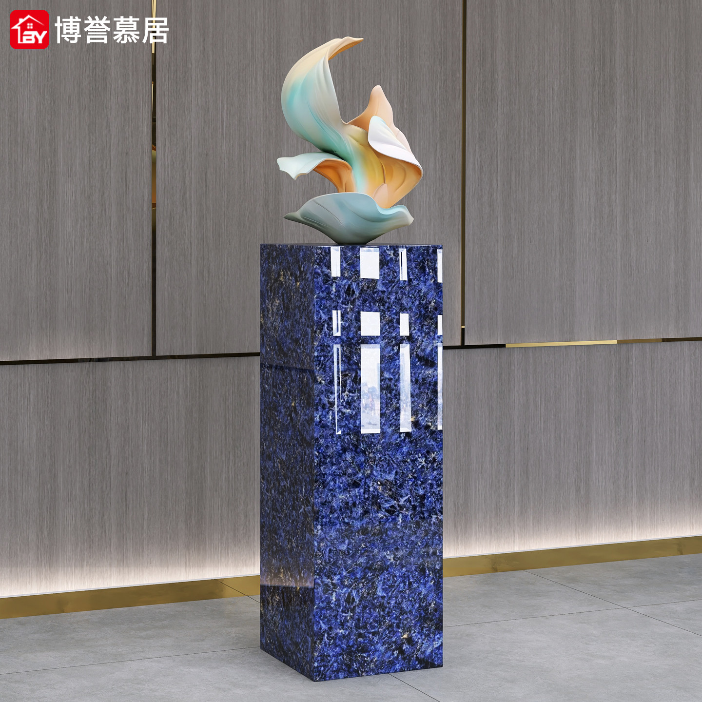 T10梵高星月夜大理石底座!轻奢落地客厅玄关酒店装饰摆件底座