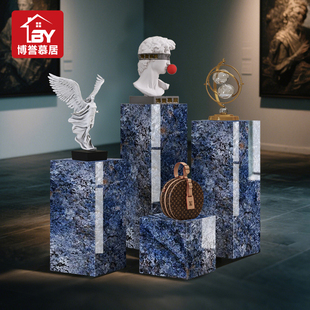 T5莫奈睡莲蓝大理石底座丨增高轻奢落地客厅酒店装饰摆件底座