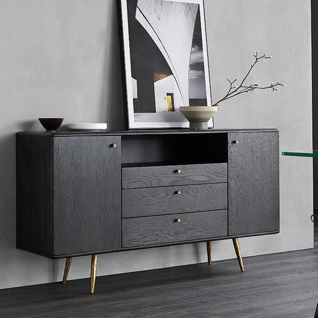 北欧实木餐边柜轻奢橡木客厅储物柜边柜现代简约置物柜黑色茶水柜