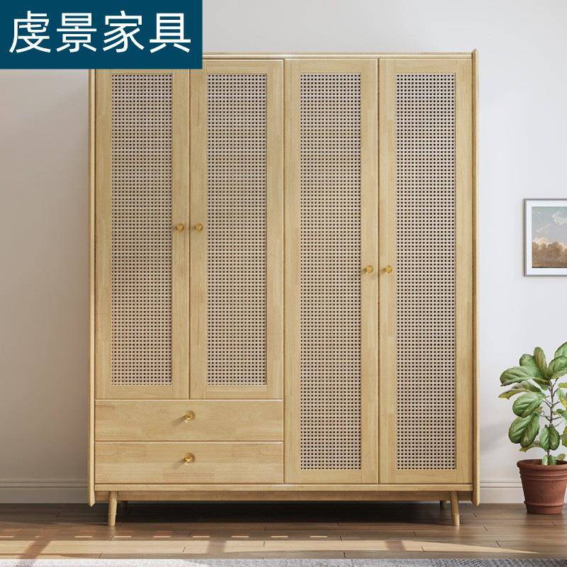 北欧实木衣柜四门藤编简约现代日式民宿编藤卧室收纳带抽屉大衣橱