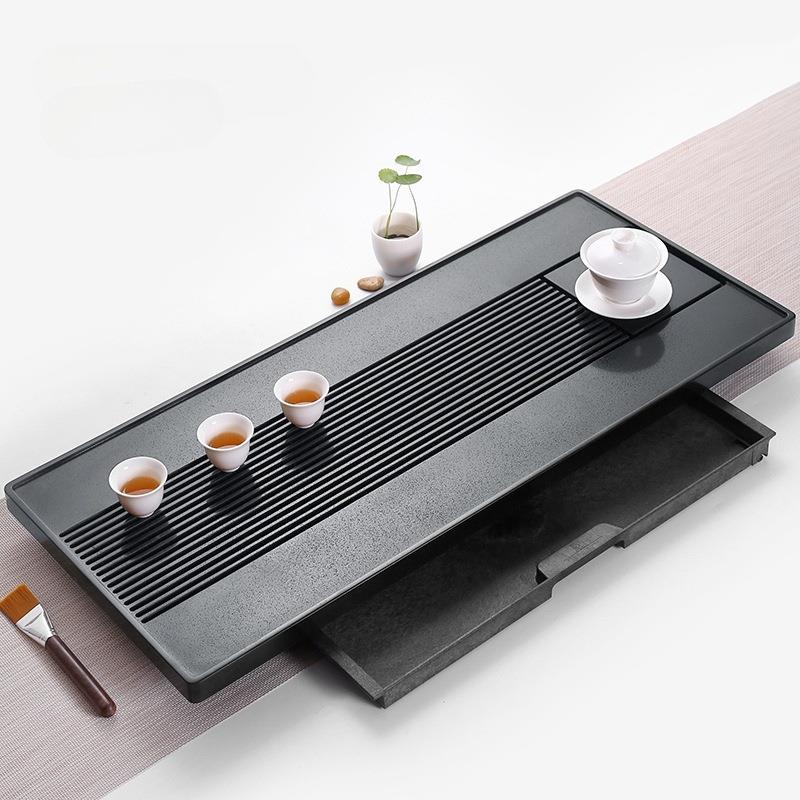 天然整块乌金石茶盘储水式干泡大号家用简约抽屉茶台茶海茶具托盘