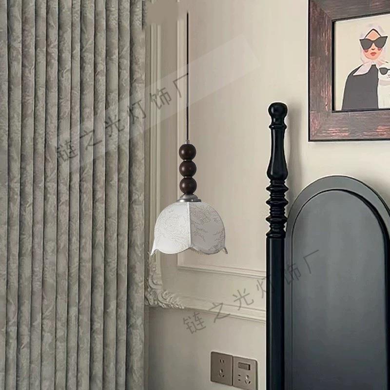 床头茶色布艺小吊灯中古南洋风法式复古美式设计师实木升降吧台灯