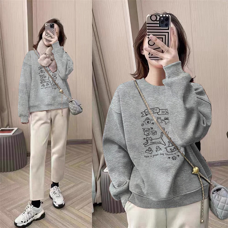 American Retro Gray Round Neck Pullover Hoodless Sweatshirt for Women, Autumn and Winter, Loose and Slim, Lazy Style, Fleece Lined and Thickened Jacket