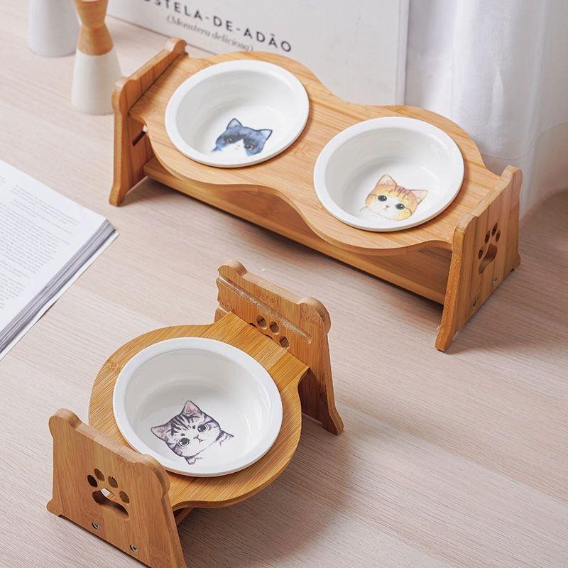 宠物猫咪用品猫碗猫粮盆猫食盆单双碗陶瓷狗碗吃饭喝水盆木架斜口