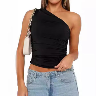 top Umbilical camisole sloping 纯色露脐斜肩吊带上衣 shoulder