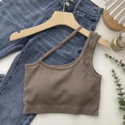 Solid color slanted shoulder slim fit bra 纯色斜肩修身文胸女