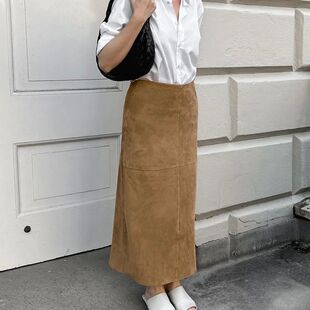 high straight waisted fit skirt slim 卡其色高腰直筒长裙Khaki