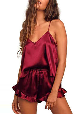 Strap and fungus edge pajamas set 女士纯色吊带木耳边睡衣套装