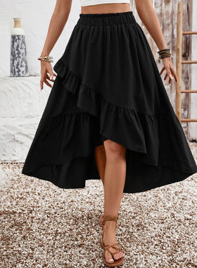 不规则荷叶边中长裙Irregular patchwork ruffle edge midi skirt