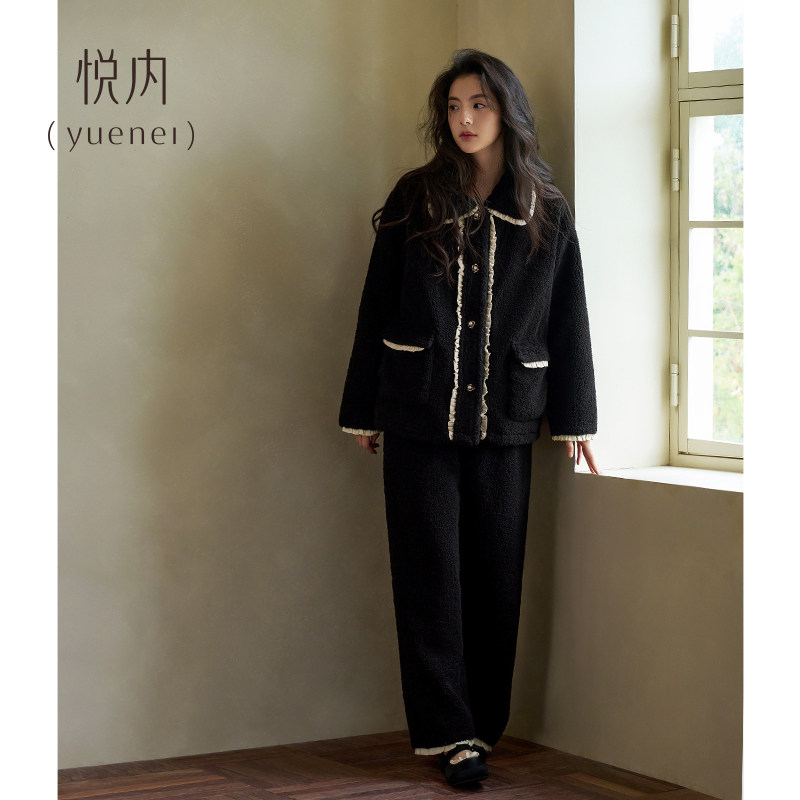 悦内睡衣女款冬季法兰绒加绒加厚珊瑚绒保暖家居服黑色小香风套装,女士内衣/男士内衣/家居服,睡衣/家居服套装,淘宝优惠券,粉丝福利购,淘宝优惠卷