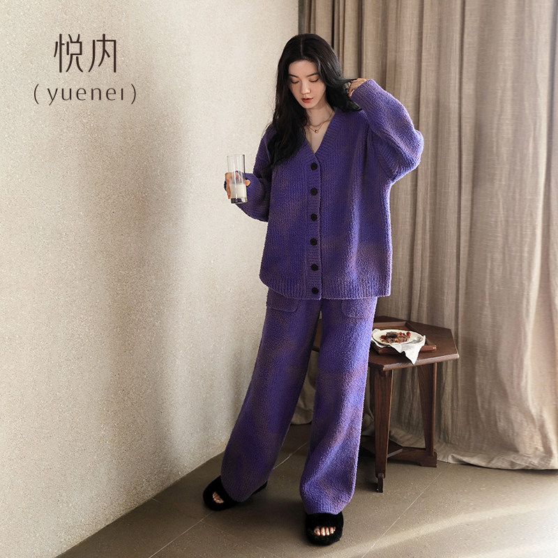 悦内半边绒睡衣女冬季珊瑚绒加厚保暖家居服秋冬毛绒软绵绵扎染风