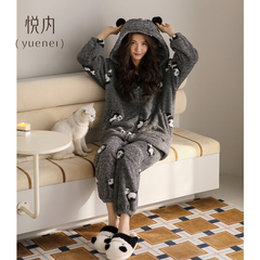 悦内睡衣女士秋冬款冬季珊瑚绒加绒加厚保暖毛绒法兰绒家居服熊猫