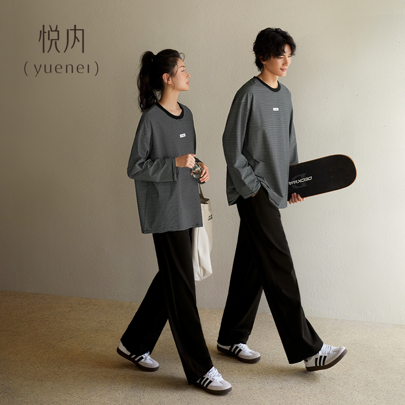 悦内情侣睡衣女带胸垫春秋季纯棉长袖家居服男款运动休闲时尚条纹