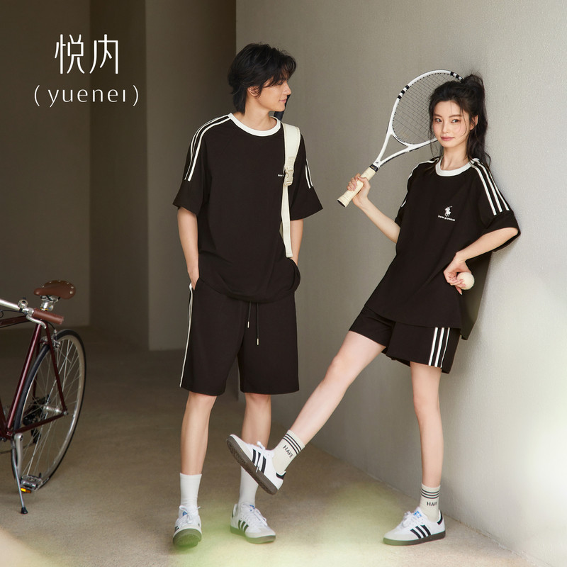 悦内情侣睡衣带胸垫女夏季夏天纯棉短袖家居服男大码休闲运动套装