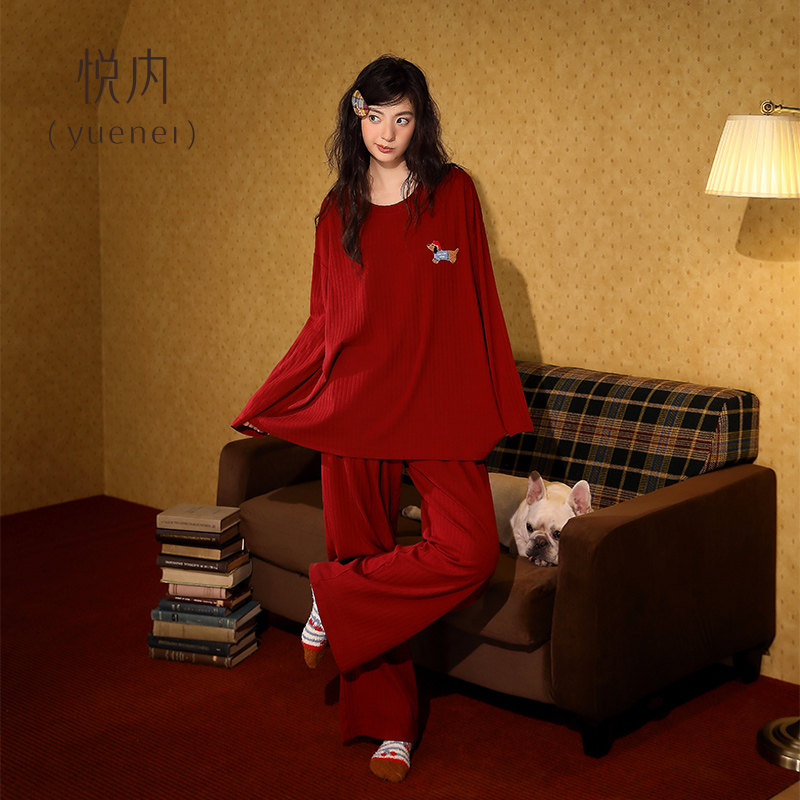 悦内带胸垫睡衣女春秋季纯棉长袖家居服休闲可外穿复古红色本命年,女士内衣/男士内衣/家居服,睡衣/家居服套装,淘宝优惠券,粉丝福利购,淘宝优惠卷