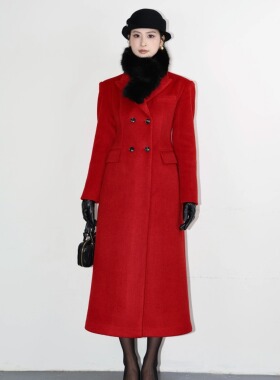 SHIMANINE岛九 复古浓郁 正红色法式收腰羊毛大衣复古赫本风显白