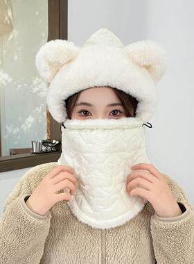 秋冬女围脖一体保暖帽防风加绒