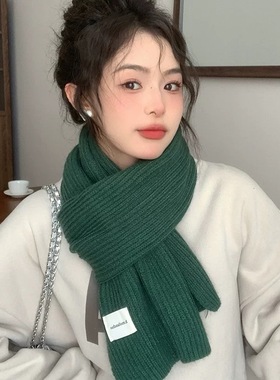 2025新款冬季保暖围脖女百搭韩系学生绿色短围巾针织毛线秋冬墨绿