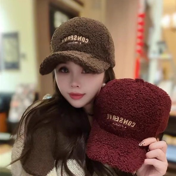 帽子女款2025新款秋冬款羊羔毛刺绣棒球帽韩版百搭鸭舌帽显脸小潮