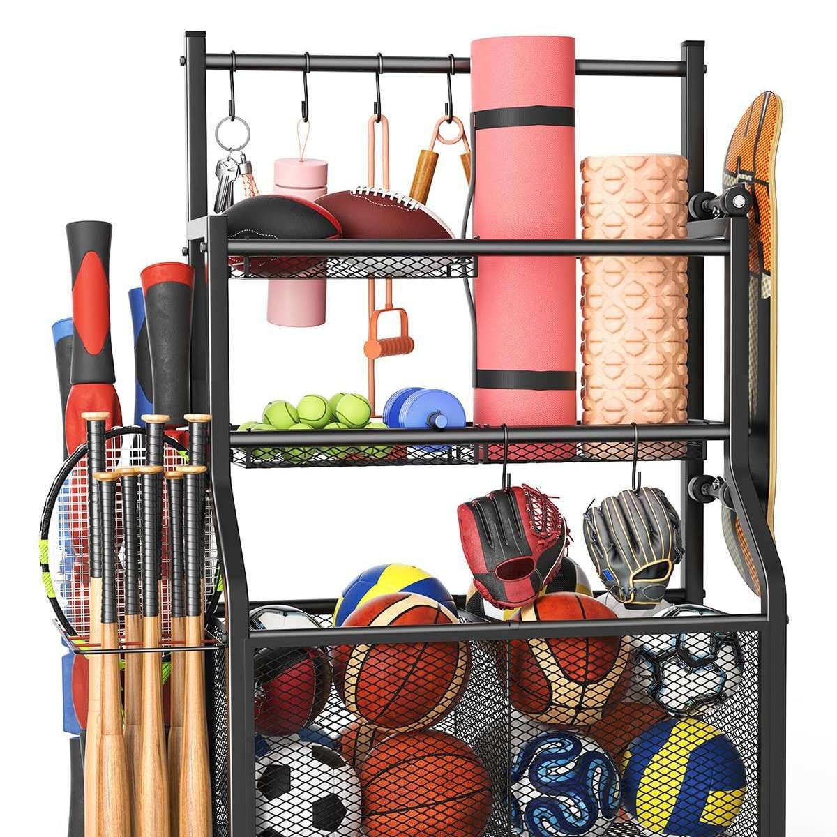 体育用品收纳架瑜伽垫篮球置物哑铃泡沫滚轮运动健身房移动储物架