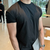 纯色冰感收袖 运动弹力短袖 男T恤夏季 口肌肉圆领速干透气健身衣服