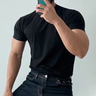 男士健身衣短袖T恤运动肌肉冰丝弹力吸汗透气纯色打底夏季跑步