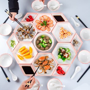 速发团年饭套装团圆拼盘餐具组合 陶瓷菜盘方桌盘子 创意家用碗碟