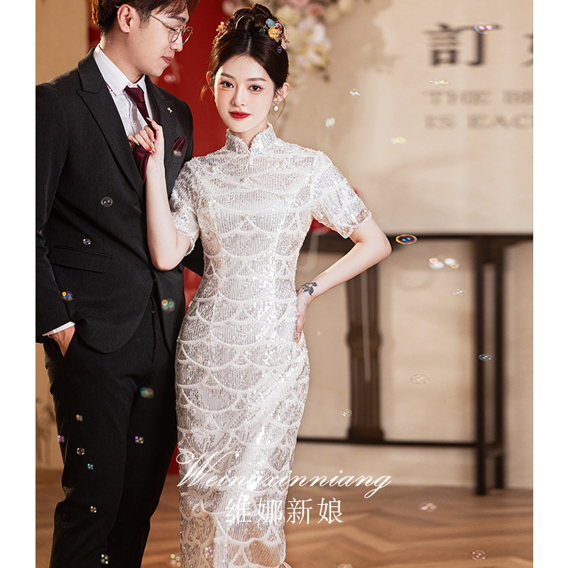 速发亮片旗袍晚礼服2衣24新款高订感中式新娘级婚连0裙平时可穿