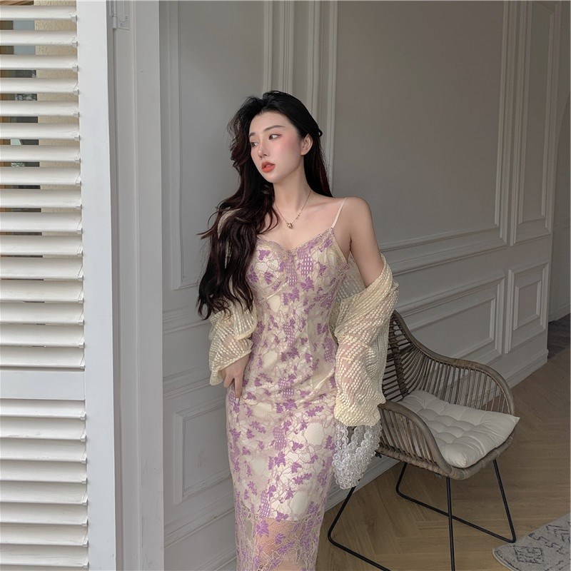 速发大码装款春法式纯欲风防晒衫带花吊碎裙气质过膝长裙子