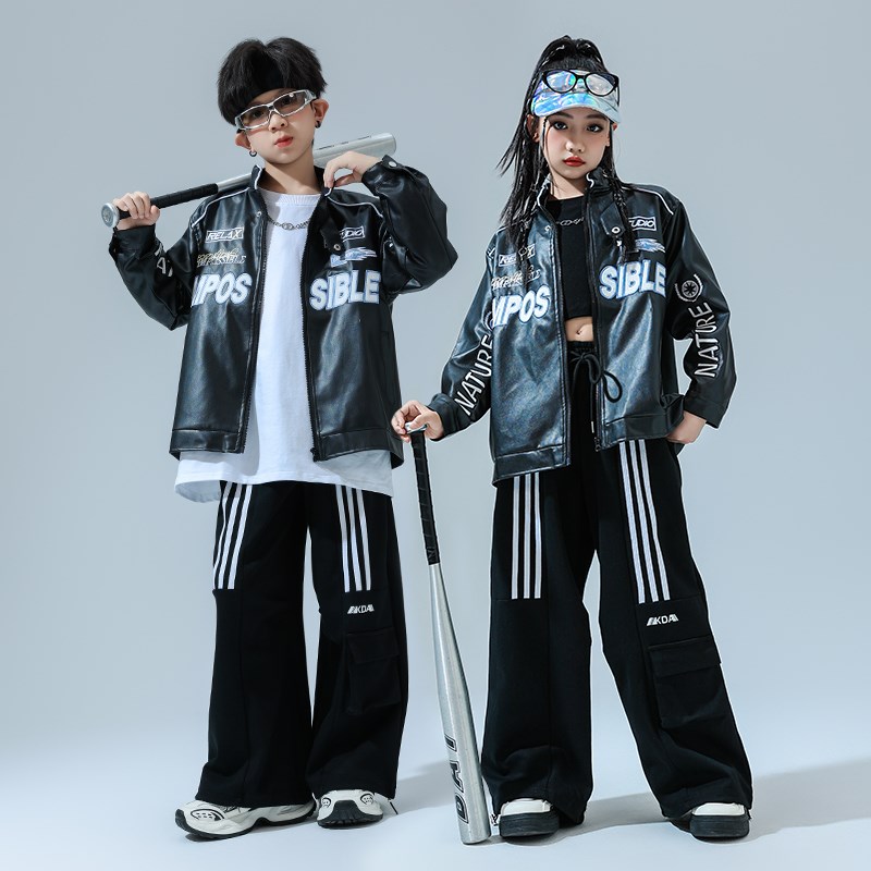 速发少儿街舞演出服h套phop时髦机车服酷帅皮衣i装男孩爵士舞服装