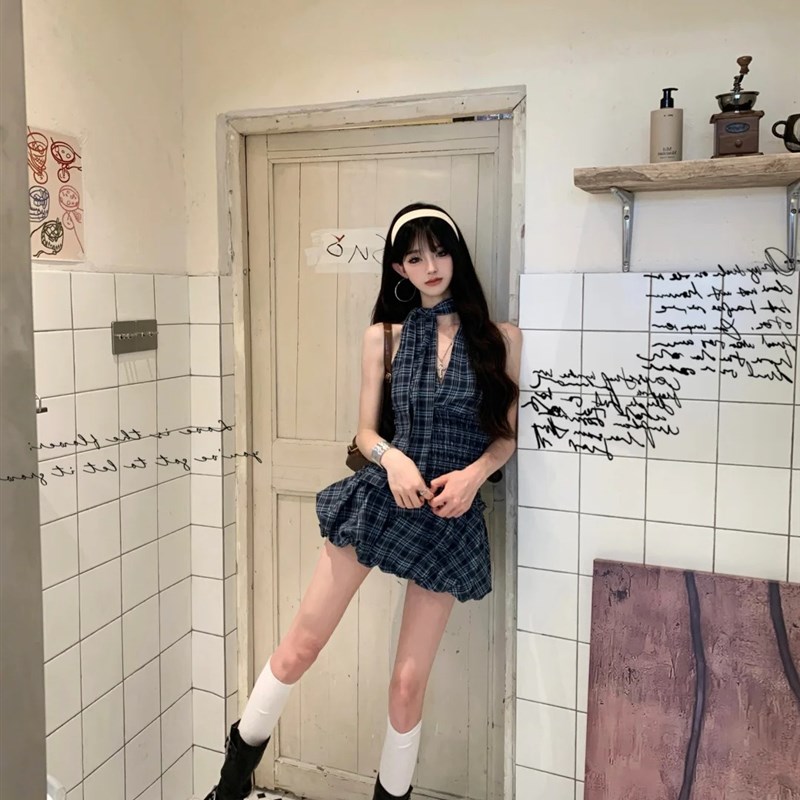 速发美式甜辣妹套装裙复古格子挂脖吊带背心春季花苞蓬蓬短裙两件