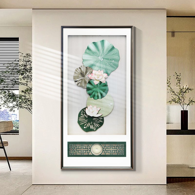 速发玄关装饰画走廊尽头挂画2024新款创意荷花纸雕入户正对门壁画图片