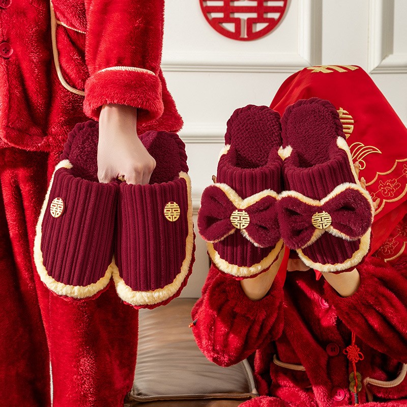 速发结婚拖鞋红嫁新礼喜庆陪色一对婚娘情侣冬季室内家用