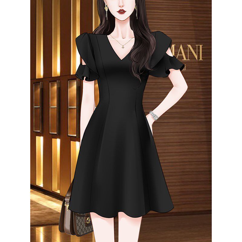 速发高级感质感黑色连众裙202黑夏季新款装气质小衣小个子礼服小4