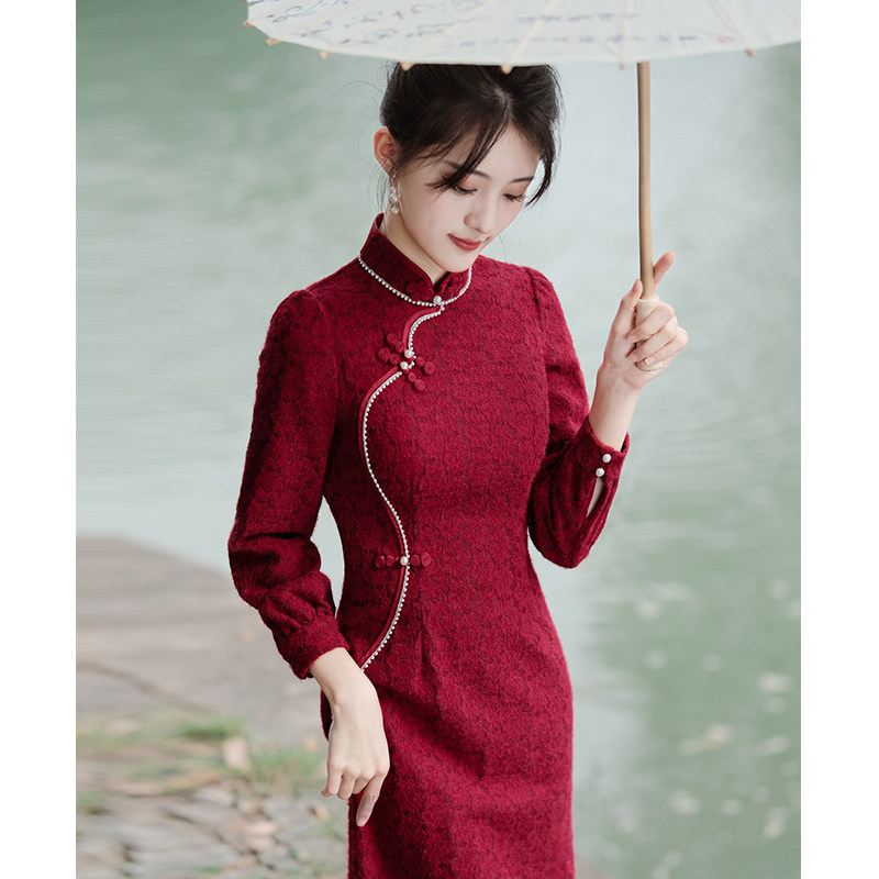 速发红色旗袍敬酒服新结小个子袖婚礼服裙新中式年轻款娘婚长订冬