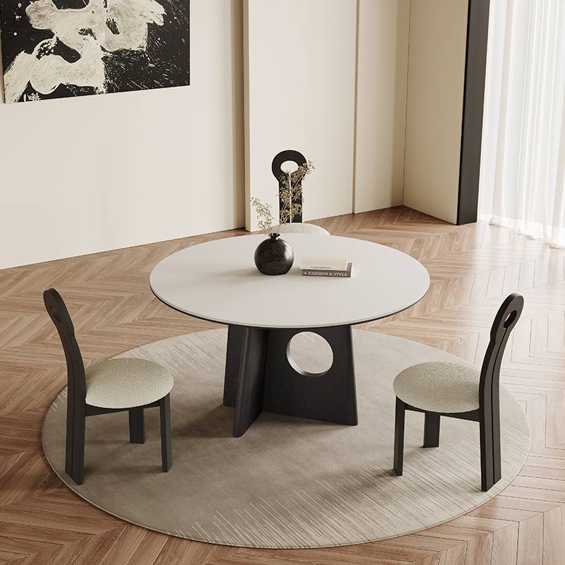白色岩板餐桌法式复古风家用圆桌黑色白蜡木轻奢圆形实木餐桌