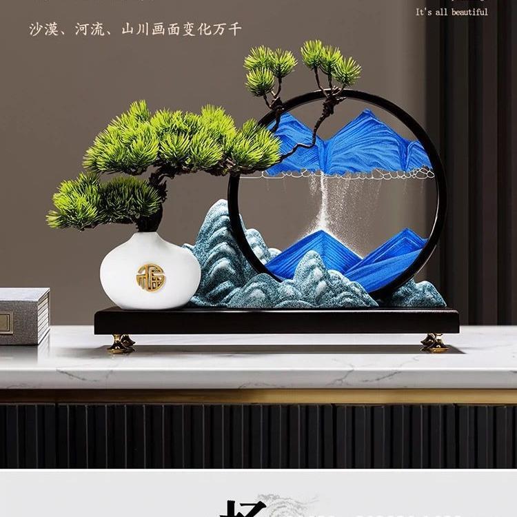 创意迎客松流沙画摆件新中式客厅玄关办公室轻奢高档茶室软装饰品