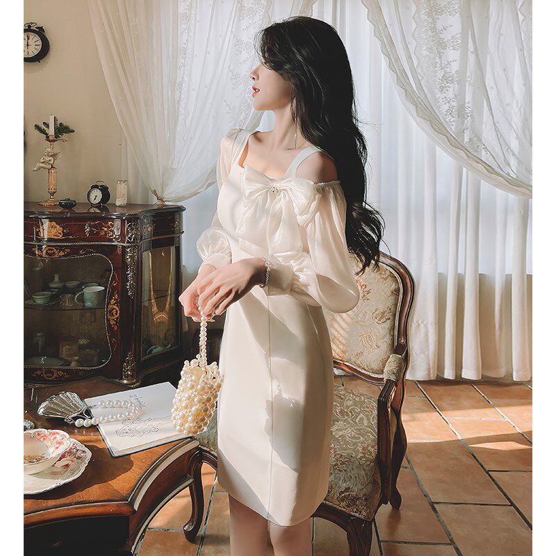 速发白色小个子晚礼服宴会气质连衣裙平时可穿领证登记白裙法式长