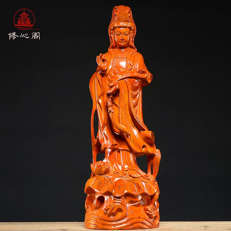 速发花梨意雕观音佛像摆件如木观世音菩萨木头仿居仿古红木工艺品