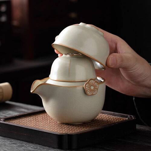 速发米黄汝窑旅客杯一壶三杯便携具户外快行茶式简约手抓泡茶壶车