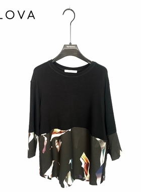 柯罗芭夏季专柜同款 圆领黑色拼接印花中长袖T恤  TT0013(9VUN)B