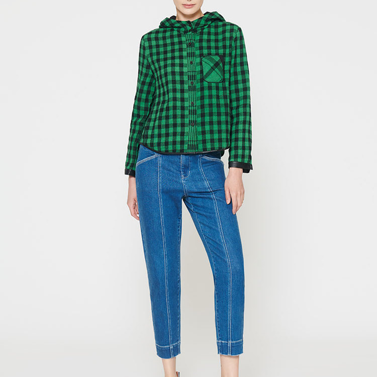 柯利亚诺春秋经典黑绿格子麻感小A型连帽衬衫CW4439C吊牌3280