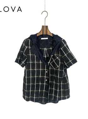 柯罗芭夏季专柜同款藏蓝白格时尚连帽衬衫  CW2385 ￥3490