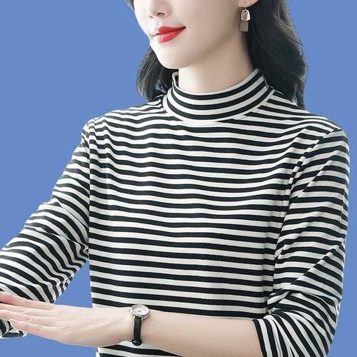 女士半高领双面德绒条纹打底衫2025新款秋冬洋气妈妈内搭保暖上衣
